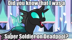 Size: 1280x720 | Tagged: safe, edit, edited screencap, screencap, thorax, changeling, g4, the times they are a changeling, caption, deadpool, fangs, happy, kyle rideout, male, open mouth, smiling, solo, super soldier, trivia, voice actor joke