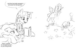 Size: 1280x828 | Tagged: safe, artist:silfoe, princess luna, twilight sparkle, oc, oc:pterus, alicorn, bat pony, pony, other royal book, royal sketchbook, g4, adopted offspring, black and white, cute, dialogue, female, grayscale, lesbian, mama twilight, mare, maternaluna, monochrome, parent:princess luna, parent:twilight sparkle, parents:twiluna, ship:twiluna, shipping, simple background, sketch, speech bubble, story time, twilight sparkle (alicorn), white background