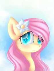 Size: 1536x2048 | Tagged: safe, artist:silviasilvar, fluttershy, g4, bust, cute, eye clipping through hair, female, flower, flower in hair, looking at you, portrait, shyabetes, smiling, solo, teary eyes