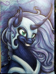 Size: 1224x1632 | Tagged: safe, artist:lupiarts, nightmare moon, g4, bust, fangs, female, helmet, markers, portrait, solo, traditional art