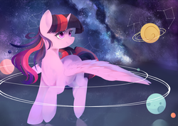 Size: 4950x3500 | Tagged: safe, artist:haidiannotes, twilight sparkle, alicorn, pony, g4, absurd resolution, constellation, cosmic, cute, giant pony, goddess, macro, moon, planet, pony bigger than a planet, smiling, space, stars, twiabetes, twilight sparkle (alicorn), universe