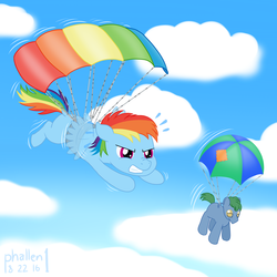 Size: 1500x1500 | Tagged: safe, artist:phallen1, rainbow dash, g4, female, filly, filly rainbow dash, flapping, newbie artist training grounds, parachute, sweat, toy