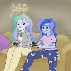 Size: 1500x1500 | Tagged: safe, artist:phallen1, princess celestia, princess luna, principal celestia, vice principal luna, gamer luna, equestria girls, g4, clothes, couch, duo, duo female, female, hoodie, newbie artist training grounds, pajamas, siblings, sisters, video game
