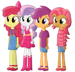 Size: 490x472 | Tagged: safe, artist:cookeykoopa, apple bloom, babs seed, scootaloo, sweetie belle, equestria girls, g4, clothes, cutie mark crusaders, denim, denim dress, dress, equestria girls-ified