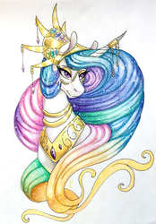 Size: 2581x3703 | Tagged: safe, artist:dragonademetal, princess celestia, alicorn, pony, g4, bust, crown, eyeshadow, featured image, female, gold, high res, horn, horn jewelry, horn ring, jewelry, lidded eyes, makeup, mare, necklace, regalia, simple background, smiling, solo, traditional art, white background