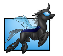 Size: 1186x1054 | Tagged: safe, artist:black--glitter, changeling, closed mouth, eyes open, fangs, floppy ears, full body, hooves to the chest, side view, solo
