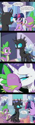 Size: 650x2329 | Tagged: safe, artist:deusexequus, rarity, spike, thorax, twilight sparkle, alicorn, changeling, pony, unicorn, g4, the times they are a changeling, 4koma, awkward, baby, baby dragon, blushing, changeling on dragon action, character proxy, comic, descriptive noise, gay, horse noises, implied shipping, implied sparity, implied straight, kissing, levitation, magic, male, meme, ship:thoraxspike, shipping, straight, telekinesis, thorarity, twilight sparkle (alicorn)