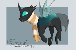 Size: 588x388 | Tagged: safe, artist:strejette, thorax, changeling, g4, the times they are a changeling, clothes, cute, fangs, male, scarf, simple background, smiling, solo, spread wings, wings