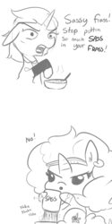 Size: 1280x2560 | Tagged: safe, artist:tjpones, saffron masala, zesty gourmand, pony, unicorn, g4, :o, comic, cooking, cute, dialogue, floppy ears, food, frown, glare, grayscale, hoof hold, monochrome, no, open mouth, pointing, saffronbetes, sassy, simple background, wat, white background