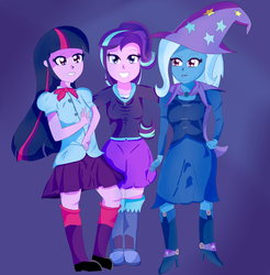 Size: 2698x2744 | Tagged: dead source, safe, artist:superiorinfamea, starlight glimmer, trixie, twilight sparkle, equestria girls, g4, boots, clothes, counterparts, equestria girls-ified, high heel boots, high heels, high res, magical trio, shoes, skirt, socks, trio, twilight sparkle (alicorn), twilight's counterparts