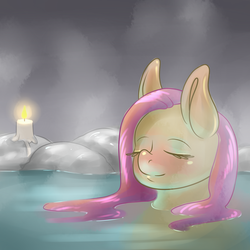 Size: 1280x1280 | Tagged: safe, artist:fawness, fluttershy, g4, 30 minute art challenge, blushing, candle, eyes closed, female, relaxing, solo