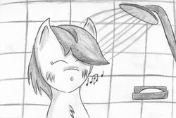 Size: 1280x858 | Tagged: safe, artist:bronyguard, rainbow dash, g4, 30 minute art challenge, chest fluff, eyes closed, female, monochrome, music notes, shower, solo, traditional art