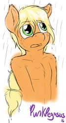 Size: 1026x1920 | Tagged: safe, artist:punk-pegasus, applejack, earth pony, anthro, g4, 30 minute art challenge, female, open mouth, rain, solo, topless