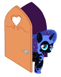 Size: 713x896 | Tagged: artist needed, safe, nightmare moon, g4, door, female, filly, nicemare moon, nightmare woon, sad, solo, younger