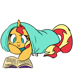 Size: 960x960 | Tagged: artist needed, safe, sunset shimmer, pony, unicorn, how to be a princess, equestria girls, g4, life is a runway, :>, blanket, blanket burrito, book, cute, female, mare, no pupils, shimmerbetes, simple background, solo, white background