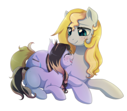 Size: 2300x2012 | Tagged: safe, artist:evomanaphy, oc, oc only, oc:evo, oc:sunflower seed, bat pony, earth pony, pony, blushing, braid, butt freckles, cute, fangs, freckles, happy, high res, mother and daughter, offspring, parent:oc:evo, parent:oc:metal tune, parents:evune, parents:oc x oc, simple background, sitting, smiling, transparent background