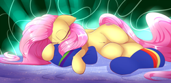 Size: 3000x1450 | Tagged: safe, artist:madacon, fluttershy, pegasus, pony, g4, belly button, color porn, cuddling, curvy, cute, eyes closed, female, mare, newbie artist training grounds, sexy, shyabetes, sleeping, snuggling, solo