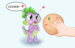 Size: 2600x1667 | Tagged: safe, artist:chiptunebrony, spike, oc, oc:anon, human, g4, adorkable, amber, barb, barbabetes, blue background, brony, cookie, cute, disembodied hand, dork, emerald, excited, food, gem, heart, holding, pearl, puppy dog eyes, purple, ruby, rule 63, rule63betes, rupee, shade, simple background, speech bubble, spikabetes, wingdings