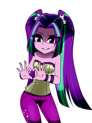 Size: 1200x1600 | Tagged: safe, artist:nekojackun, aria blaze, equestria girls, g4, aria flat, bare shoulders, bracelet, clothes, cute, delicious flat chest, female, heart hands, jewelry, pants, sleeveless, solo, strapless, tube top