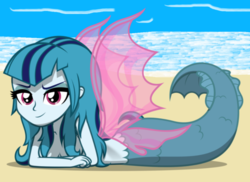 Size: 522x380 | Tagged: safe, artist:themexicanpunisher, sonata dusk, mermaid, siren, g4, beach, cropped, female, lying down, solo