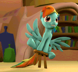 Size: 488x450 | Tagged: safe, artist:argodaemon, rainbow dash, pegasus, pony, g4, season 4, testing testing 1-2-3, 3d, 60 fps, :p, animated, cute, dashabetes, derp, female, gif, library, perfect loop, scene interpretation, silly, silly pony, sitting, smiling, solo, source filmmaker, spread wings, stool, stooldash, tongue out, underhoof