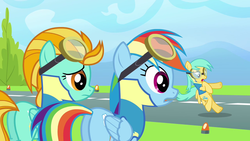 Size: 1280x720 | Tagged: safe, screencap, lightning dust, rainbow dash, sunshower raindrops, pegasus, pony, g4, wonderbolts academy, butt, female, goggles, mare, plot