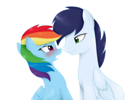 Size: 5000x4000 | Tagged: safe, artist:i-am-a-sinner, artist:sofialurax, rainbow dash, soarin', pegasus, pony, g4, blushing, duo, duo male and female, female, male, mare, ship:soarindash, shipping, simple background, stallion, straight, transparent background