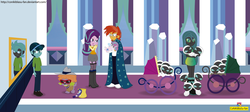 Size: 7757x3477 | Tagged: safe, artist:conikiblasu-fan, crystal hoof, princess flurry heart, queen chrysalis, spike, starlight glimmer, sunburst, thorax, changeling, changeling larva, dog, equestria girls, g4, the times they are a changeling, absurd resolution, auntie starlight, boots, cape, clothes, crystal empire, disguise, disguised changeling, dress, equestria girls-ified, fishnet stockings, garter belt, garters, glasses, goatee, hat, help me, high heel boots, high heels, mirror, mommy chrissy, open mouth, pants, plushie, rarity plushie, reflection, shoes, side slit, skirt, spike the dog, stockings, sunglasses, thousand yard stare, uncle sunburst