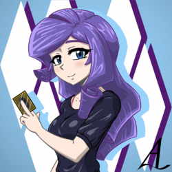 Size: 1000x1000 | Tagged: safe, artist:acesrockz, rarity, equestria girls, g4, bra strap, breasts, card, crossover, duelist, female, human coloration, it's time to duel, looking at you, smiling, solo, yu-gi-oh!