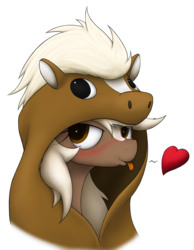 Size: 1423x1836 | Tagged: safe, artist:anearbyanimal, earth pony, pony, blushing, clothes, epona, eponaception, epony, female, googly eyes, heart, kigurumi, mare, meta, ponified, simple background, solo, the legend of zelda, tongue out, transparent background
