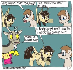 Size: 1904x1830 | Tagged: safe, artist:timsplosion, discord, wild fire, oc, oc:jayson thiessen, earth pony, pegasus, pony, g4, behind the scenes, comic, glasses, jayson thiessen, sibsy