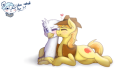 Size: 4320x2700 | Tagged: safe, artist:apple-crumbler, braeburn, oc, oc:silver quill, earth pony, griffon, pony, g4, blushing, duo, gay, heart, interspecies, kissing, male, shipping, simple background