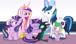 Size: 1080x630 | Tagged: safe, artist:dm29, princess cadance, shining armor, spike, starlight glimmer, thorax, twilight sparkle, alicorn, changeling, dragon, pony, unicorn, g4, the times they are a changeling, disgusted, female, interspecies, kiss on the lips, kissing, male, mare, nope, shipping, stallion, straight, tongue out, twilight sparkle (alicorn), twirax