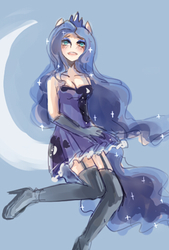 Size: 345x511 | Tagged: safe, artist:有节操, princess luna, human, g4, boots, breasts, cleavage, clothes, dress, female, humanized, solo