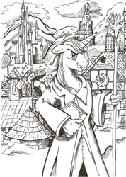 Size: 1660x2336 | Tagged: safe, artist:witkacy1994, prince blueblood, anthro, g4, crossover, heroes of might and magic, heroes of might and magic 3, male, monochrome, solo, traditional art