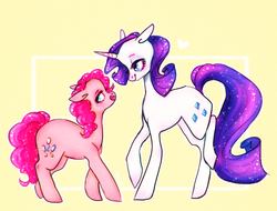 Size: 1284x975 | Tagged: safe, artist:vetallie, pinkie pie, rarity, pony, g4, female, lesbian, mare, ship:raripie, shipping, size difference