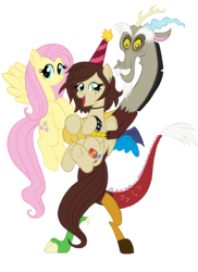 Size: 2181x3000 | Tagged: safe, artist:edcom02, artist:jmkplover, discord, fluttershy, oc, oc:paint splash, pegasus, pony, g4, birthday, bracelet, ear piercing, earring, hat, high res, jewelry, mole, party hat, piercing, simple background, transparent background, trio