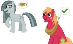 Size: 2489x1527 | Tagged: safe, artist:sketchmcreations, big macintosh, marble pie, earth pony, pony, g4, burger, food, hay burger, inkscape, male, ship:marblemac, shipping, simple background, stallion, straight, talking, transparent background, vector