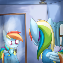 Size: 1600x1600 | Tagged: safe, artist:nevaylin, rainbow dash, g4, newbie dash, clothes, colored pupils, cover art, female, mirror, solo, wonderbolts uniform