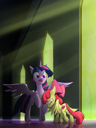 Size: 1900x2524 | Tagged: safe, artist:jaeneth, apple bloom, twilight sparkle, alicorn, pony, g4, alicornified, bloomicorn, cutie mark, female, filly, open mouth, race swap, spread wings, surprised, the cmc's cutie marks, twilight sparkle (alicorn), window, wings