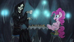 Size: 3840x2160 | Tagged: safe, artist:pirill, pinkie pie, g4, bone, book, candle, cave, chair, chess, chess with death, clothes, cup, grim reaper, high res, light, newbie artist training grounds, open mouth, playing, sitting