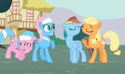 Size: 1125x665 | Tagged: safe, artist:cmpony, artist:thewalrusclown, aloe, applejack, lotus blossom, rainbow dash, g4, body swap, spa twins