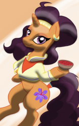Size: 1200x1920 | Tagged: safe, artist:theroyalprincesses, saffron masala, pony, g4, spice up your life, bandana, bipedal, bowl, chef, clothes, ear piercing, female, food, indian, indian pony, looking at you, piercing, smiling, solo, wavy mouth
