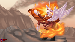 Size: 3840x2160 | Tagged: safe, artist:tsaritsaluna, nightmare star, princess celestia, g4, belt, boots, cape, clothes, fine art parody, fire, high res, looking at you, napoleon bonaparte, napoleon crossing the alps, ponified, uniform