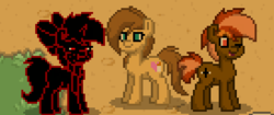 Size: 412x173 | Tagged: safe, button mash, oc, oc:caki, oc:cream heart, earth pony, pony, unicorn, pony town, g4, bow, colt, female, foal, horn, male, mare, mother and child, mother and son, photo shoot of caki