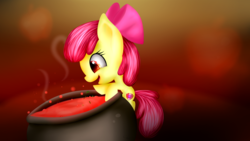 Size: 3309x1861 | Tagged: safe, artist:lixthefork, apple bloom, g4, adorabloom, cauldron, cute, cutie mark, female, open mouth, solo, the cmc's cutie marks