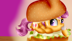 Size: 3309x1861 | Tagged: safe, artist:lixthefork, scootaloo, g4, burger, chicken burger, cute, cutealoo, cutie mark, female, food, horse meat, meat, scootachicken, solo, the cmc's cutie marks