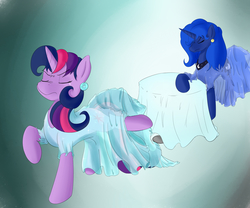 Size: 3000x2500 | Tagged: safe, artist:periodicbrony, princess luna, twilight sparkle, pony, g4, clothes, date, ear piercing, earring, eyes closed, female, high res, jewelry, lesbian, mare, piercing, ship:twiluna, shipping