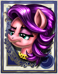 Size: 700x900 | Tagged: safe, artist:harwick, spoiled rich, earth pony, pony, harwick's sun/moon portraits, g4, bust, chain necklace, female, frown, jewelry, lidded eyes, mare, mother, necklace, portrait, solo