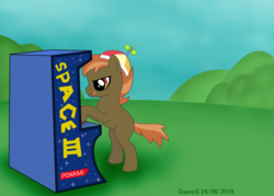 Size: 1024x735 | Tagged: safe, artist:soanos, button mash, earth pony, g4, arcade, bipedal, colt, foal, hat, male, propeller hat, solo, tongue out, video game
